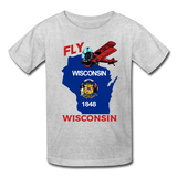 Fly Wisconsin - State Flag - Biplane - Kids' T-Shirt (Fruit of the Loom) - heather gray
