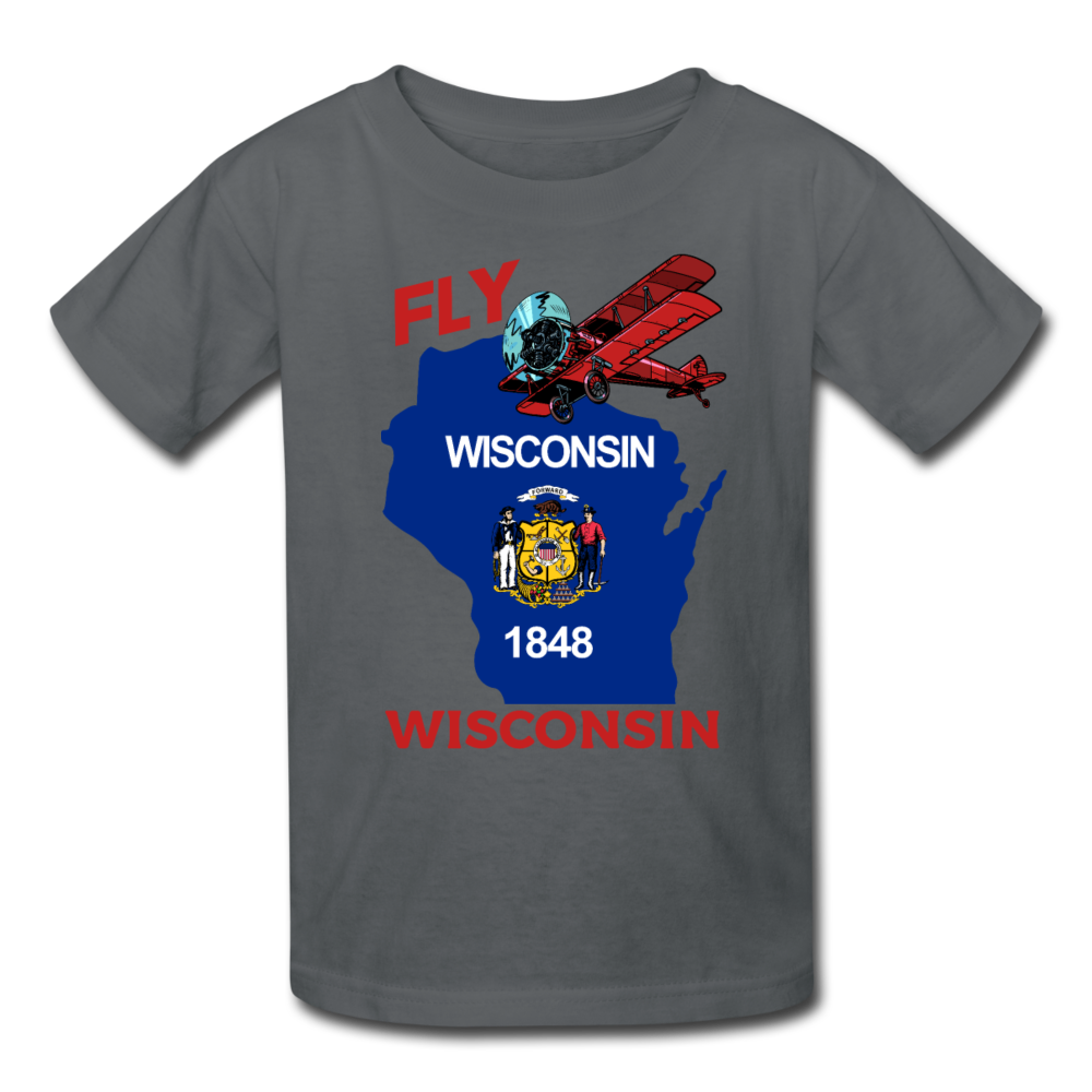 Fly Wisconsin - State Flag - Biplane - Kids' T-Shirt (Fruit of the Loom) - charcoal