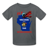 Fly Wisconsin - State Flag - Biplane - Kids' T-Shirt (Fruit of the Loom) - charcoal