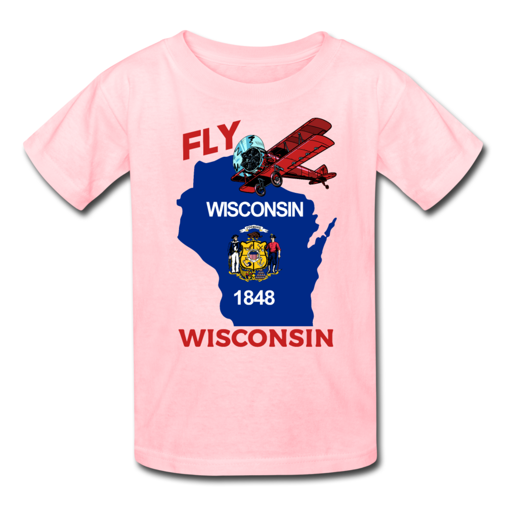 Fly Wisconsin - State Flag - Biplane - Kids' T-Shirt (Fruit of the Loom) - pink