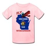 Fly Wisconsin - State Flag - Biplane - Kids' T-Shirt (Fruit of the Loom) - pink