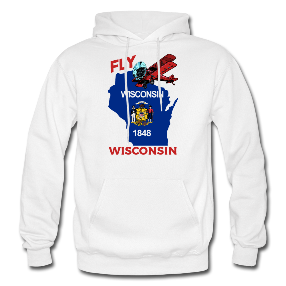 Fly Wisconsin - State Flag - Biplane - Gildan Heavy Blend Adult Hoodie - white