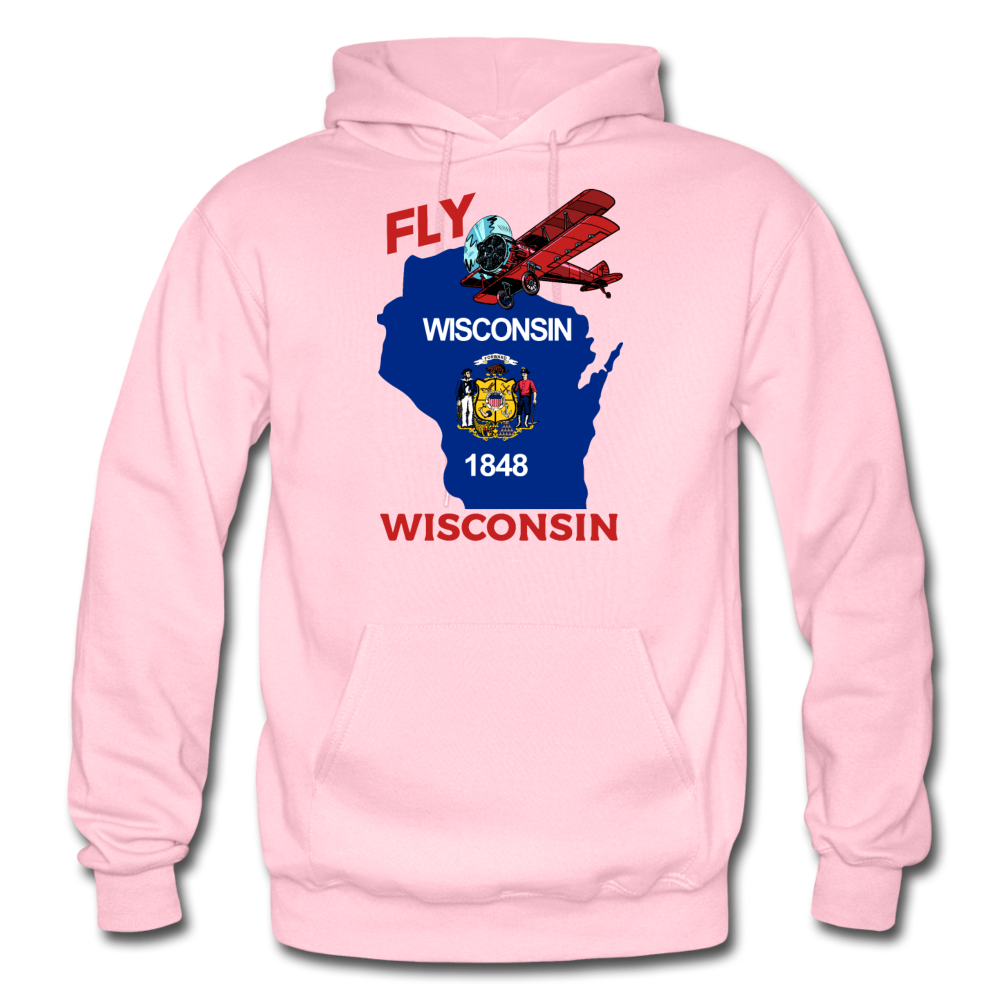 Fly Wisconsin - State Flag - Biplane - Gildan Heavy Blend Adult Hoodie - light pink