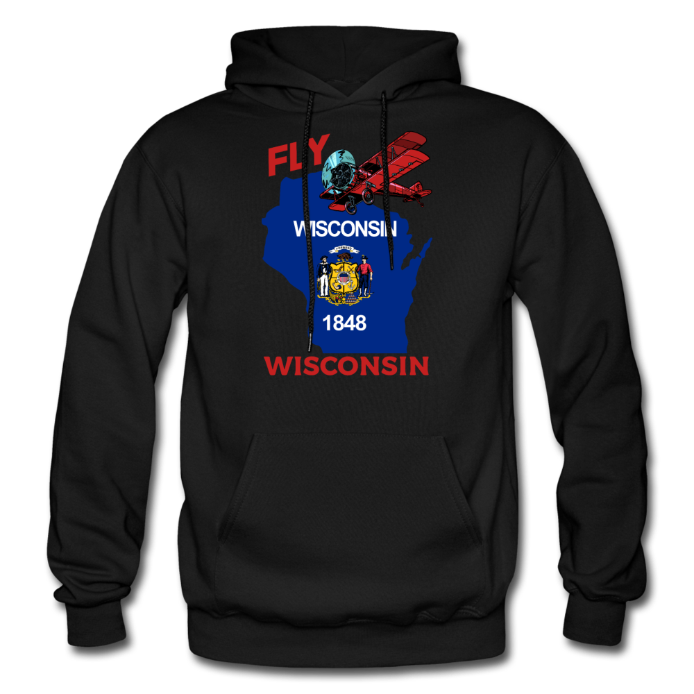 Fly Wisconsin - State Flag - Biplane - Gildan Heavy Blend Adult Hoodie - black