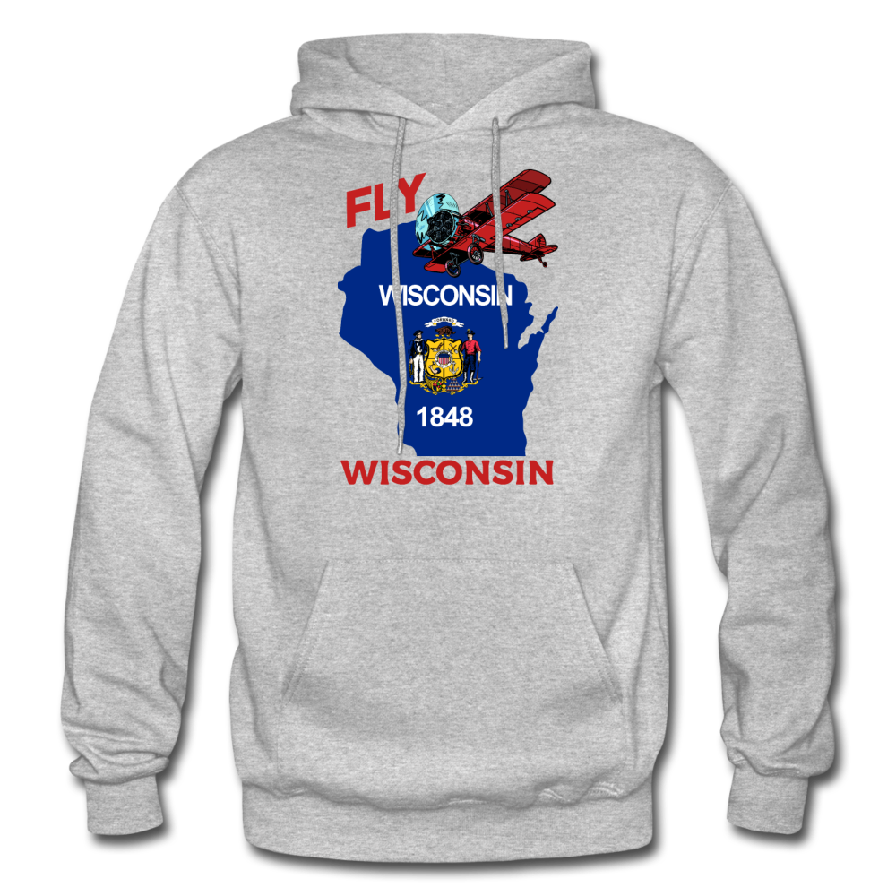 Fly Wisconsin - State Flag - Biplane - Gildan Heavy Blend Adult Hoodie - heather gray