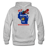 Fly Wisconsin - State Flag - Biplane - Gildan Heavy Blend Adult Hoodie - heather gray
