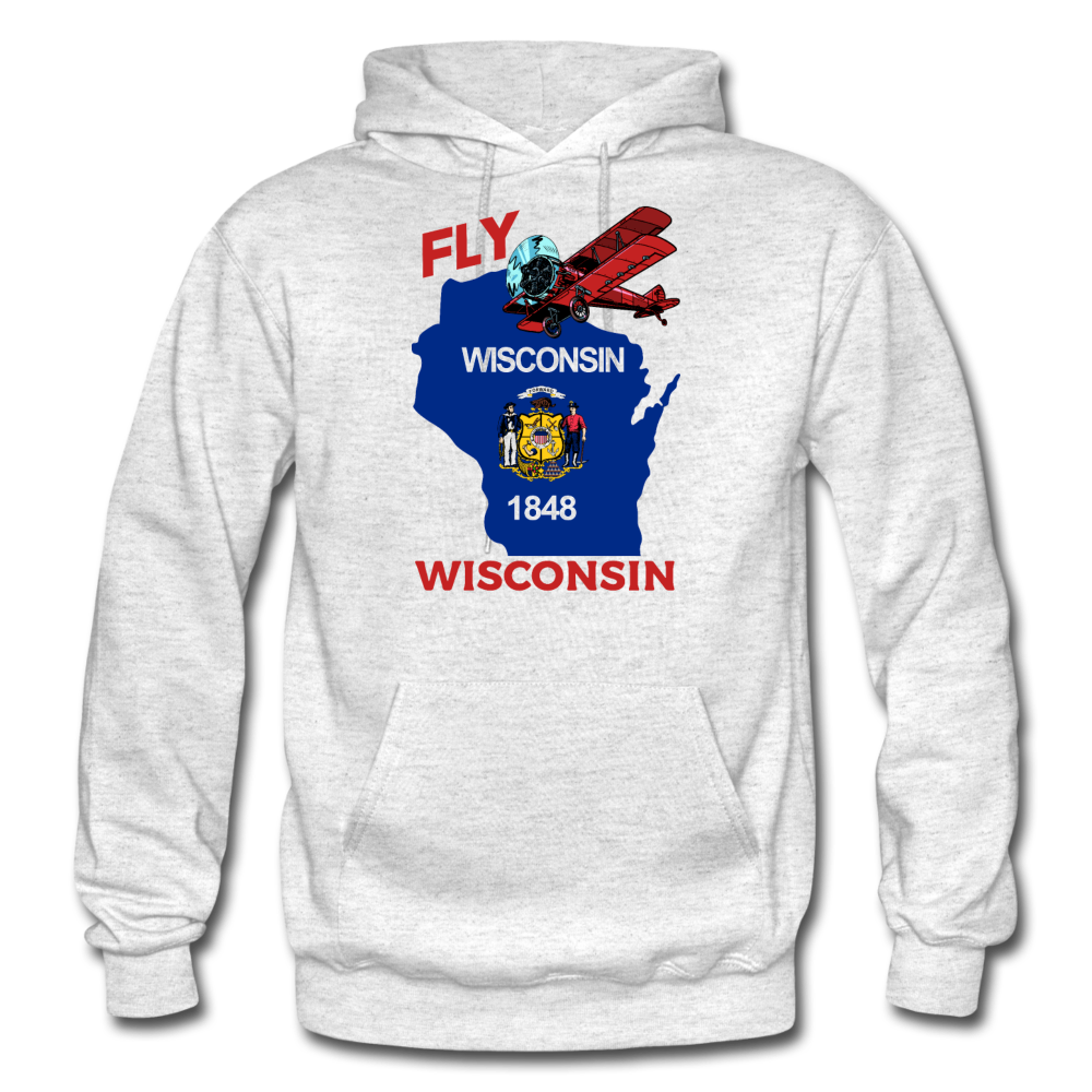 Fly Wisconsin - State Flag - Biplane - Gildan Heavy Blend Adult Hoodie - light heather gray