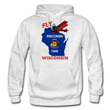 Fly Wisconsin - State Flag - Biplane - Gildan Heavy Blend Adult Hoodie - light heather gray