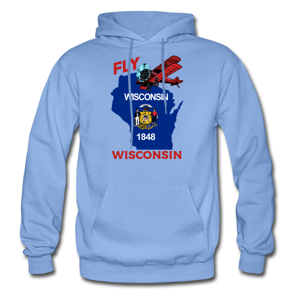 Fly Wisconsin - State Flag - Biplane - Gildan Heavy Blend Adult Hoodie - carolina blue