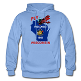 Fly Wisconsin - State Flag - Biplane - Gildan Heavy Blend Adult Hoodie - carolina blue