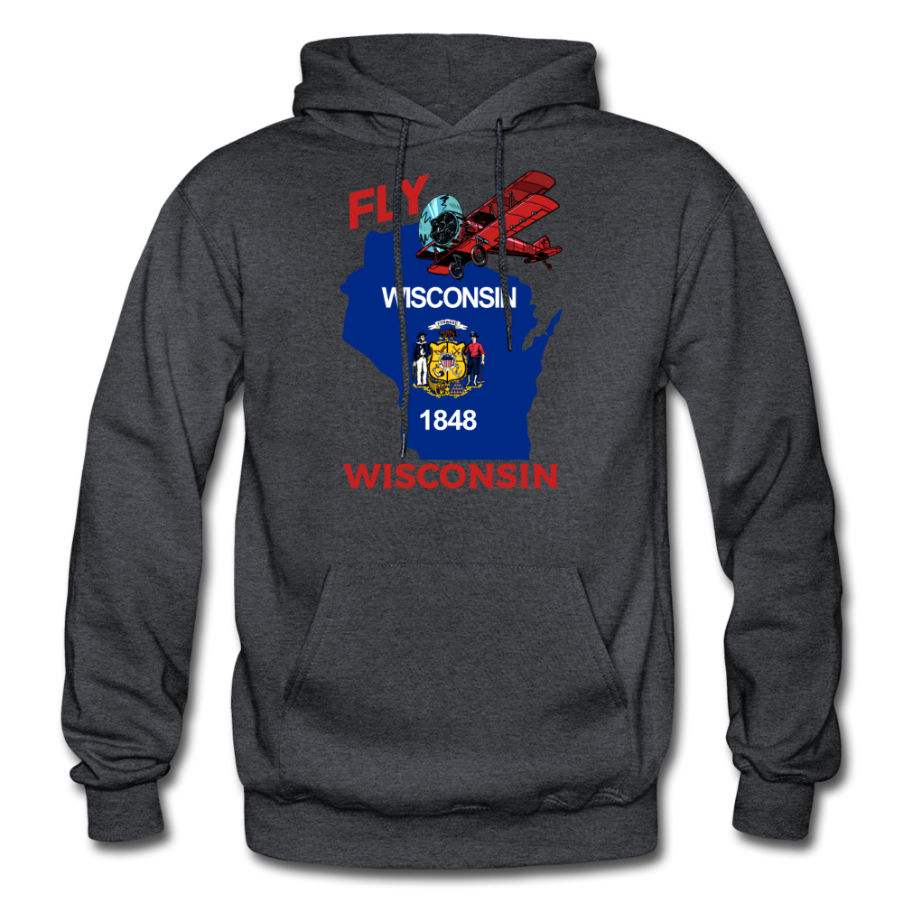 Fly Wisconsin - State Flag - Biplane - Gildan Heavy Blend Adult Hoodie - charcoal grey