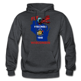 Fly Wisconsin - State Flag - Biplane - Gildan Heavy Blend Adult Hoodie - charcoal grey
