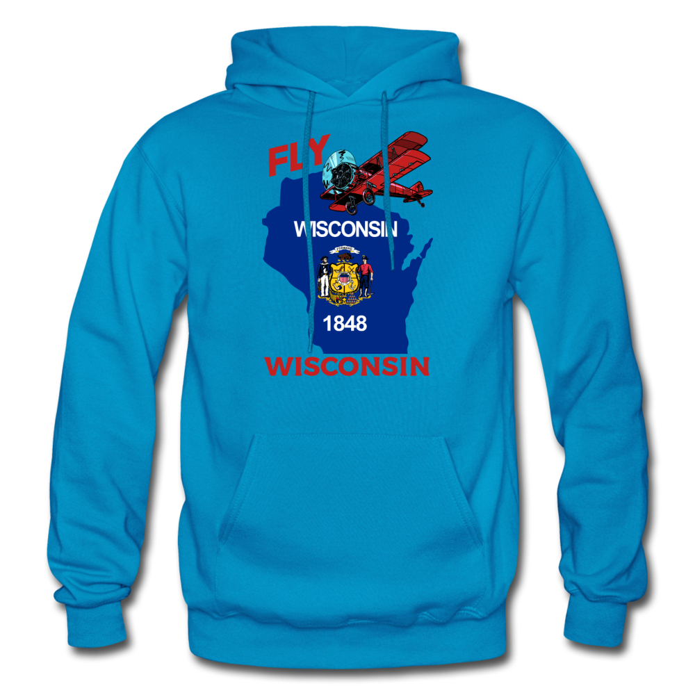 Fly Wisconsin - State Flag - Biplane - Gildan Heavy Blend Adult Hoodie - turquoise