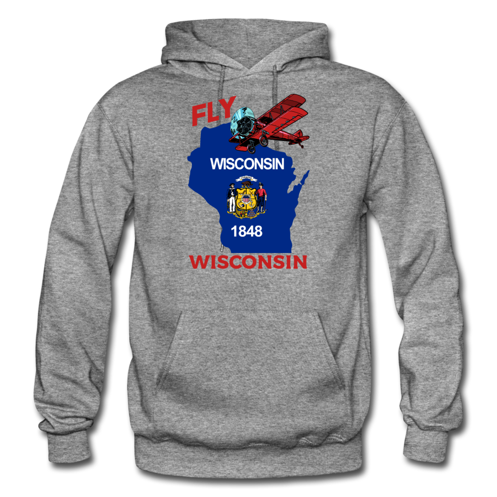 Fly Wisconsin - State Flag - Biplane - Gildan Heavy Blend Adult Hoodie - graphite heather