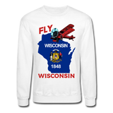 Fly Wisconsin - State Flag - Biplane - Crewneck Sweatshirt - white