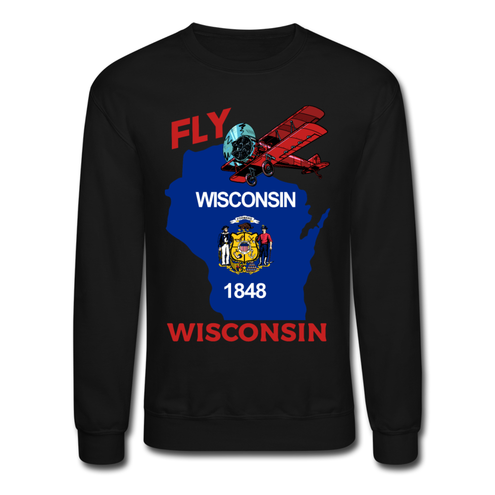 Fly Wisconsin - State Flag - Biplane - Crewneck Sweatshirt - black