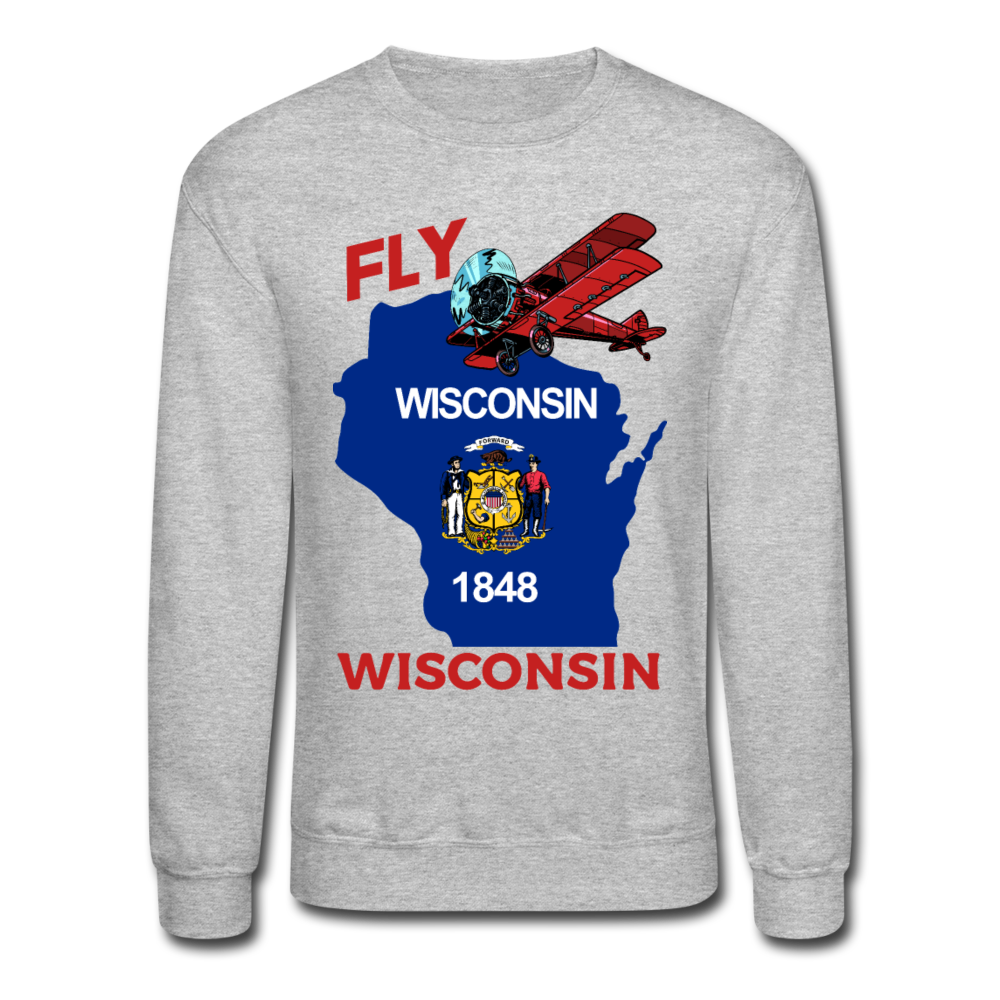 Fly Wisconsin - State Flag - Biplane - Crewneck Sweatshirt - heather gray