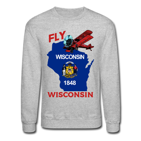 Fly Wisconsin - State Flag - Biplane - Crewneck Sweatshirt - heather gray