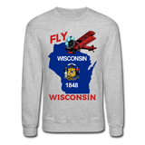 Fly Wisconsin - State Flag - Biplane - Crewneck Sweatshirt - heather gray