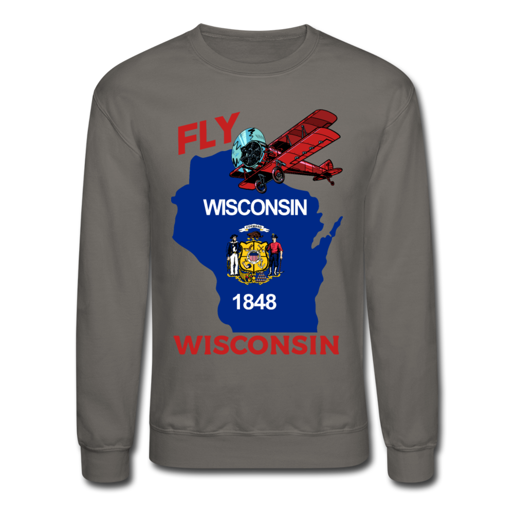 Fly Wisconsin - State Flag - Biplane - Crewneck Sweatshirt - asphalt gray