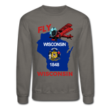 Fly Wisconsin - State Flag - Biplane - Crewneck Sweatshirt - asphalt gray
