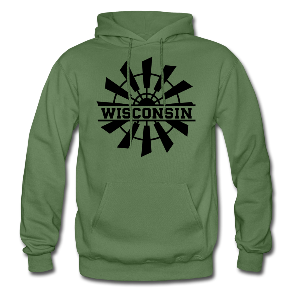 Wisconsin - Windmill - Black - Gildan Heavy Blend Adult Hoodie - military green