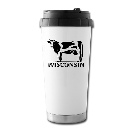 Wisconsin - Cow - Black - Travel Mug - white