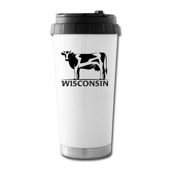 Wisconsin - Cow - Black - Travel Mug - white