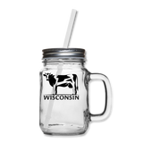 Wisconsin - Cow - Black - Mason Jar - clear